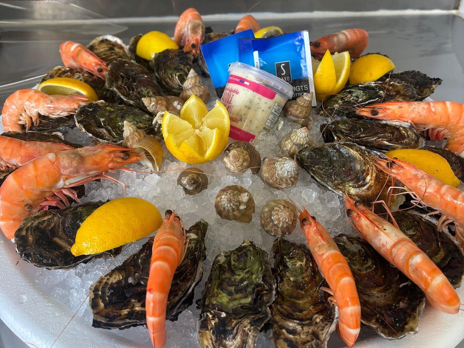 Plateau de coquillages sur glace : huîtres, crevettes, bulots, citrons et aïoli